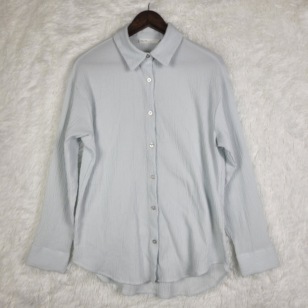 Oak + Fort S Semi Sheer Pale Blue Relaxed Gauzy Button Up Blouse Crinkle Office